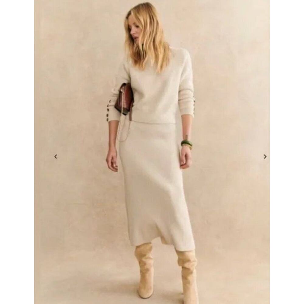SEZANE M Medium Naelle Skirt Ribbed Beige Natural Midi Length Merino Cotton NWT